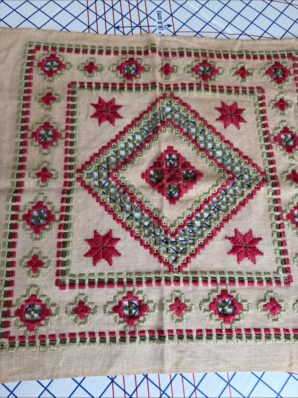 Vintage Hand Embroidered Drawn Thread Hardanger Style Table Topper 18” Square